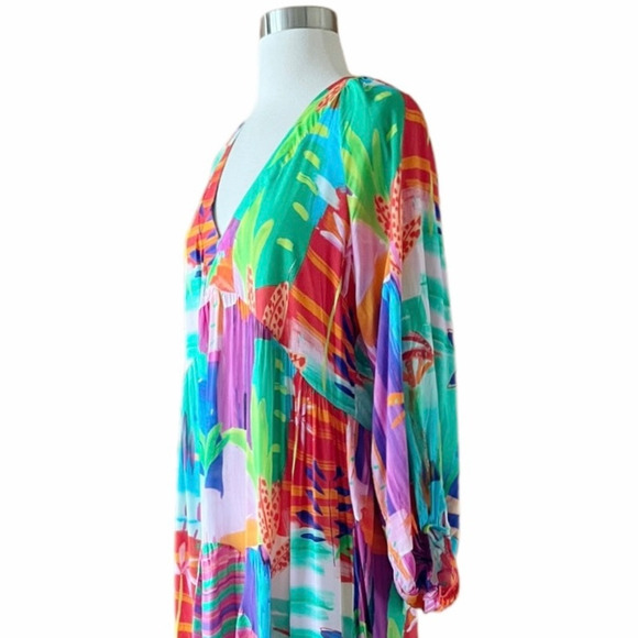 Colorful Maxi Dress Oversized V-Neck Long Sleeves Tropical Bold Print Small NEW - Picture 4 of 7